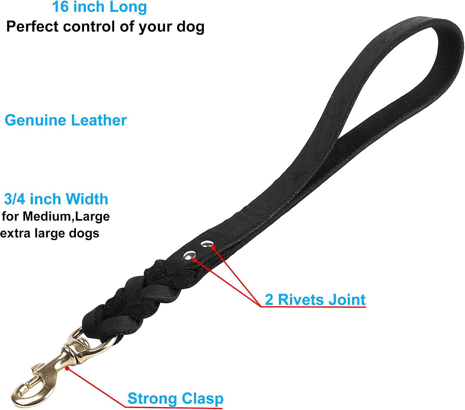 JUPUDA Soft Leather Short Dog Training Leash,16 x 4/5in,Braided Black Short Leather Lead for Large Extra Large Dogs Hunting and Walking