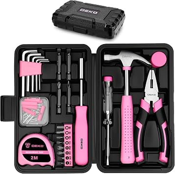 Pink Tool Kit DEKO 56 Piece Small Mini Tool Box with Essential Hand Tools, Easy Storage for Drawer, Home DIY Tool Set Perfect as Gift