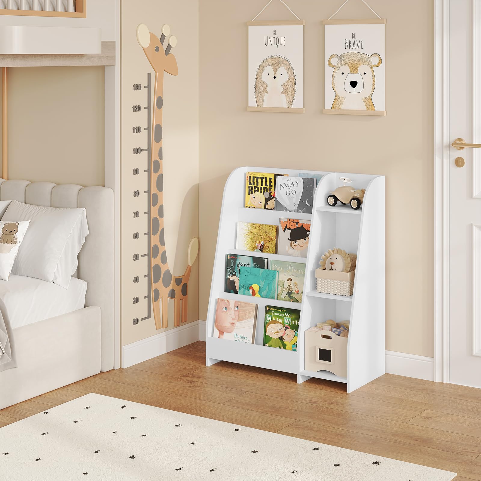 Lestarain Libreria, Scaffale Montessori, con 4 Ripiani e 3 Scomparti, Scaffale per Giocattoli e Libri, Mobile per Cameretta dei Bambini, Bianco, 75x90x34,5 cm
