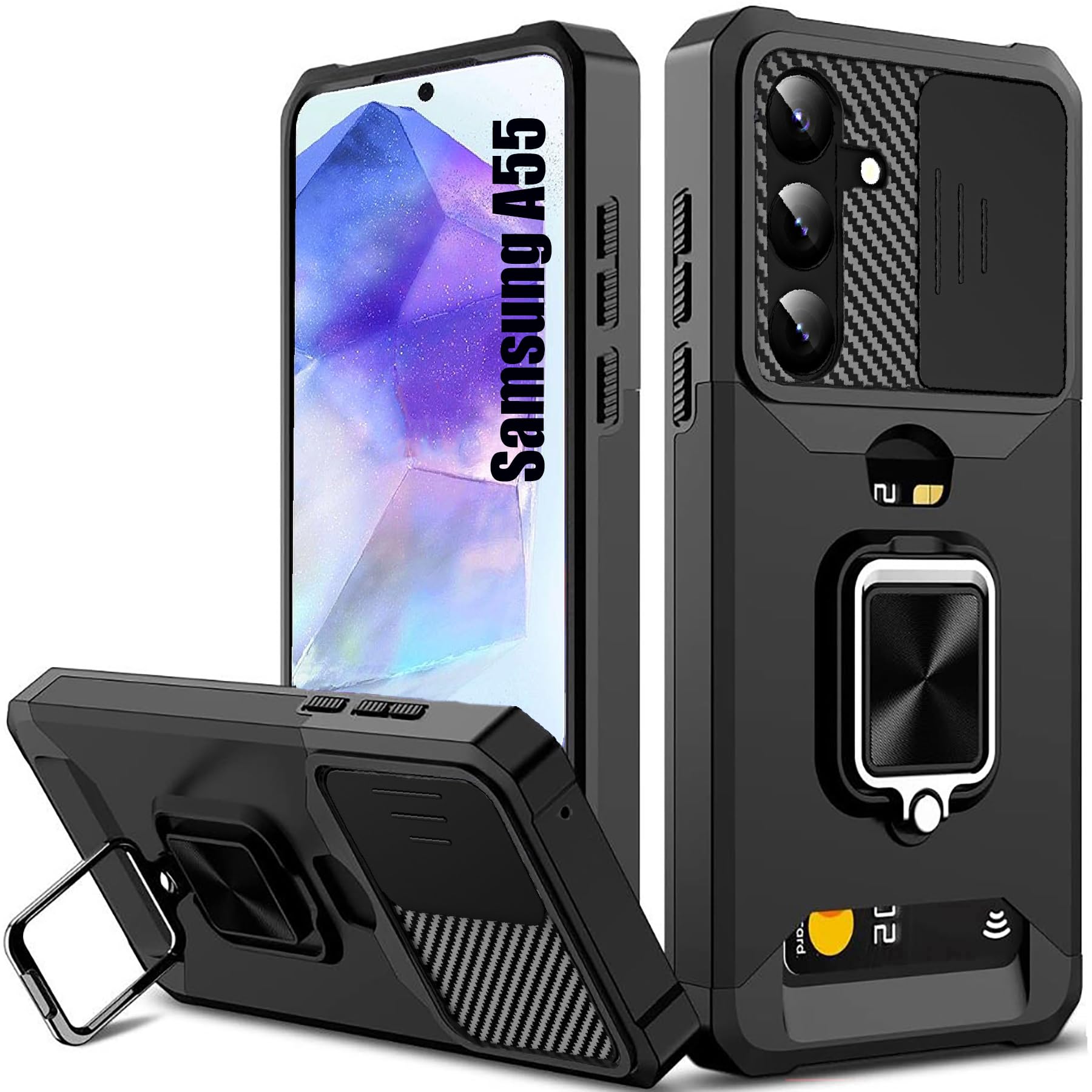 For Samsung A55 Case with Card Holder, for Sumsung Galaxy A55 Case with Slide Camera Cover and 360° Rotate Ring Kickstand Heavy Duty Protective Phone Case for Samsung A55 Cover-Black