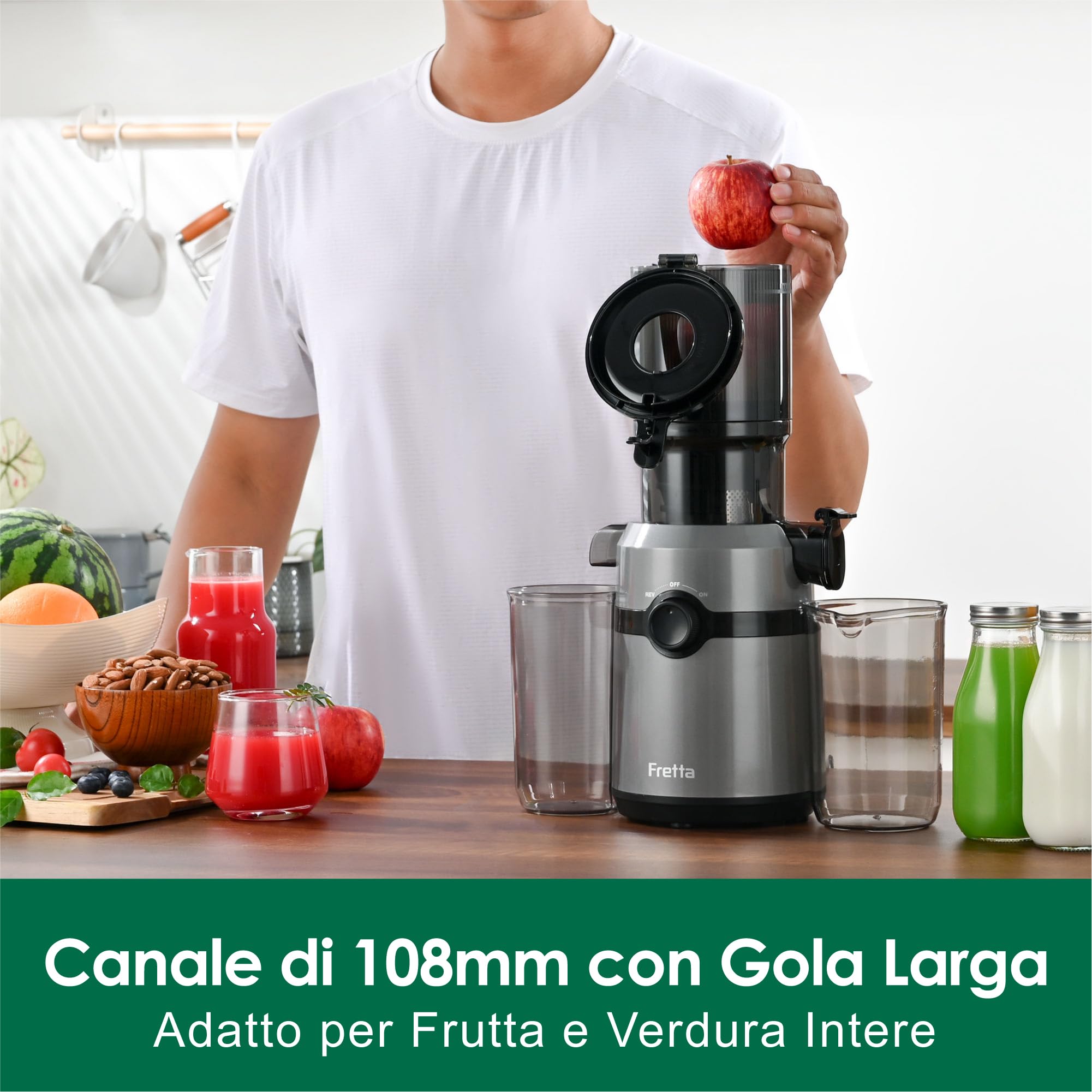 Fretta Estrattore Frutta e Verdura, Apertura Larga da 108mm Adatta a Frutta e Verdure, 1L Capacità, 200W Centrifuga Lenta, 99% Nutrienti Preservati, BPA Free, Facile da Smontare e Pulire