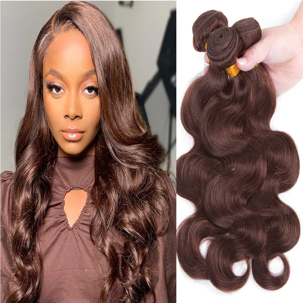 Dark Brown Body Wave Bundles Human Hair Color 4 Brown Wet and Wavy Bundles Double Weft Brazilian Hair Extensions Silky and Soft for Women (20 22 24 inch 3 Bundles) #4 Body Wave Bundles 20 22 24