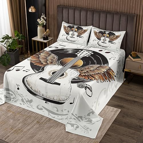 Miniatura 6 de Manfei Saxophone - Colcha para niños, tamaño Queen, juego de colcha giratoria de notas musicales con instrumentos musicales, decoración de