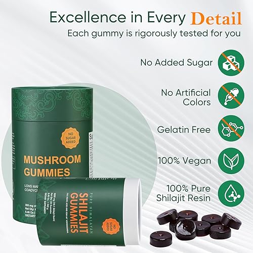 Miniatura 5 de Paquete de suplemento de gomitas puras de shilajit y hongos del Himalaya 3000 mg de shilajit, melena de leones Reishi, Cordyceps, sin azúcar