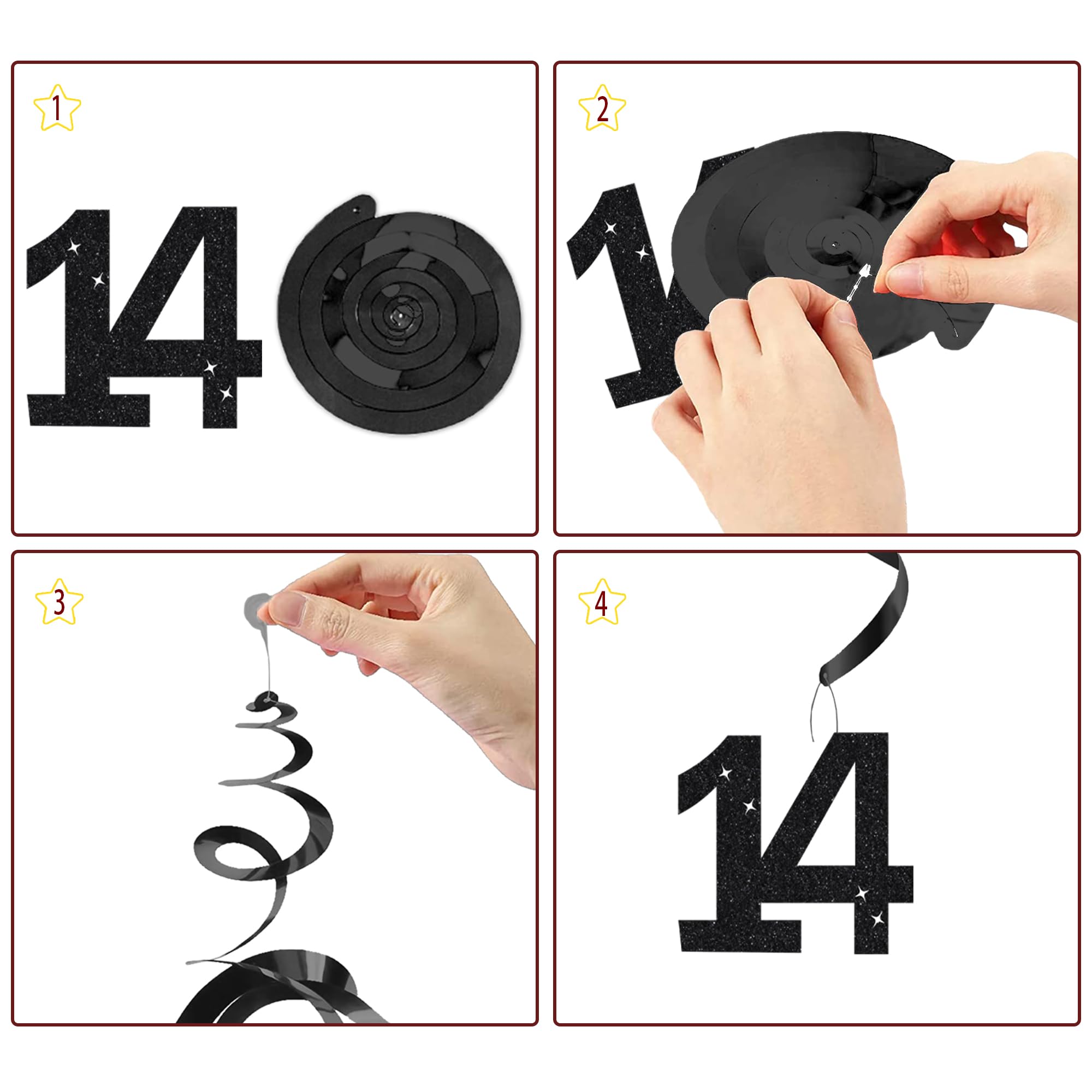 14th Birthday Decorations for Boys Girls - Black Silver Glitter Happy 14th Birthday Letter Banner and Pennant Flags, Number 14 Foil Balloons and Hanging Swirls for 14 Years Old Children Party Supplies - 4