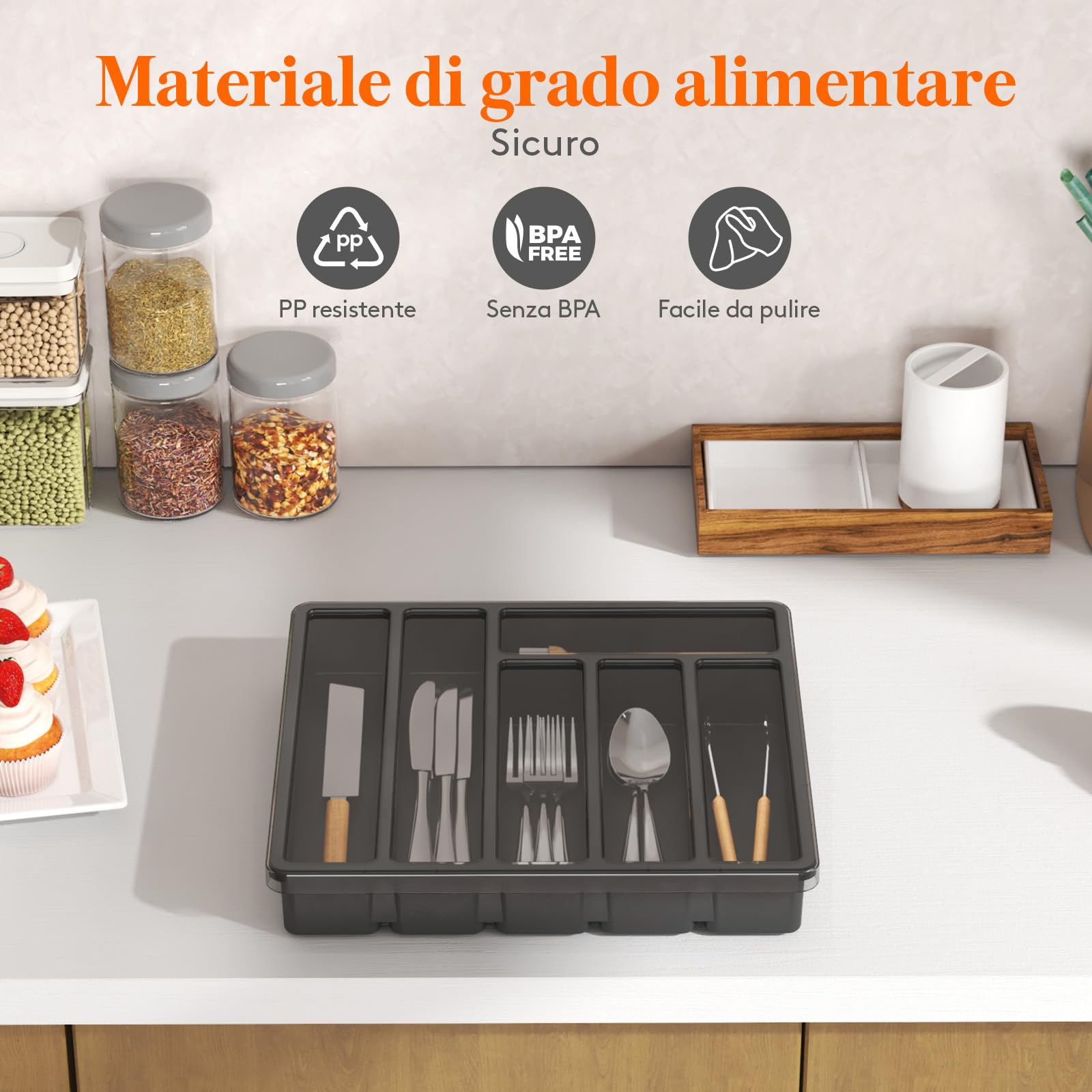 Lifewit Portaposate con Coperchio, Contenitore Porta Posate da Cassetto per Cucina, Organizer in Plastica per Cassetto per Cucchiai, Forchette, Coltelli, 6 Scomparti, Nero