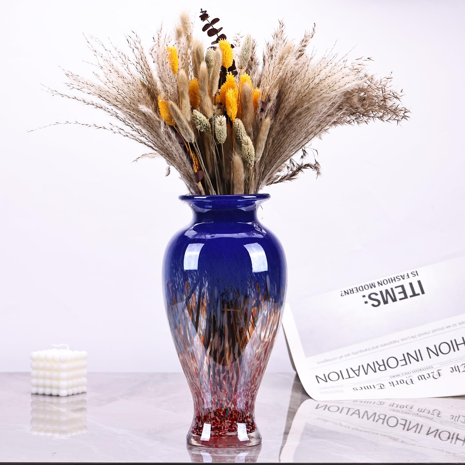 30cm Geblasene Blaue Glasvase, Farbige Opaque Glasvase, Einzigartiges Design Weitmund Kunstvase Dekoration für Zuhause, Wohnzimmer, Esstisch, Pampasgras Dekor (Blau)