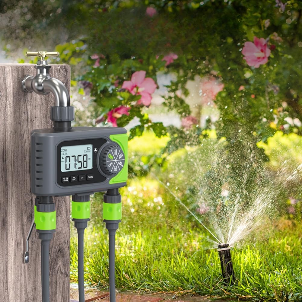 Regolatore di irrigazione automatico a 4 zone per giardino, controllo intelligente degli irrigatori Wi-Fi con regolazione meteo e telecomando app, controllo manuale, nero verde