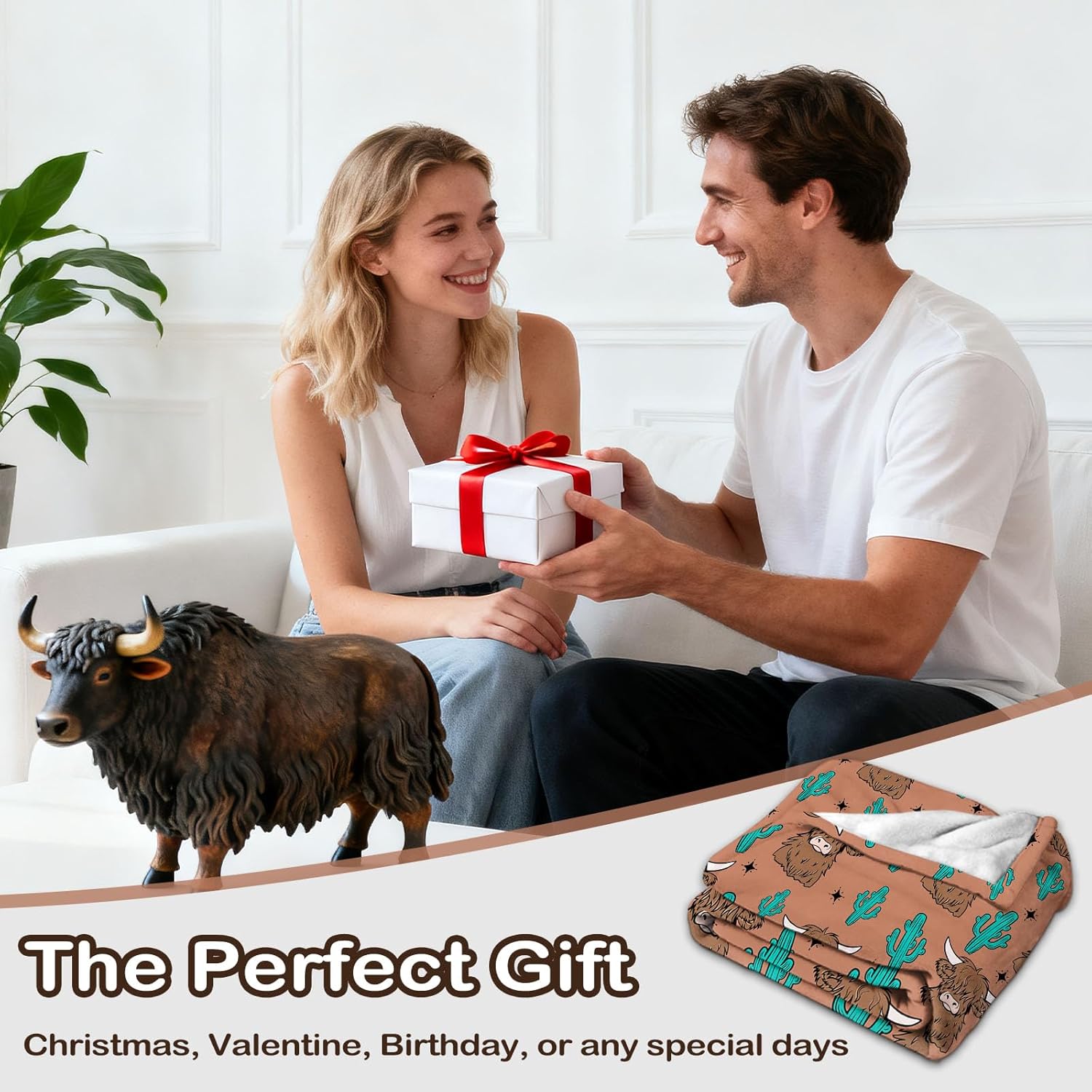 Highland Cow Throw Blanket 50" X 60", Highland Cow Gifts for Women, Cows Gifts for Cowboys/Cowgirls, Khaki Blanket Present, Cows Lovers Blanket, Valentines Day Gift - Image 2