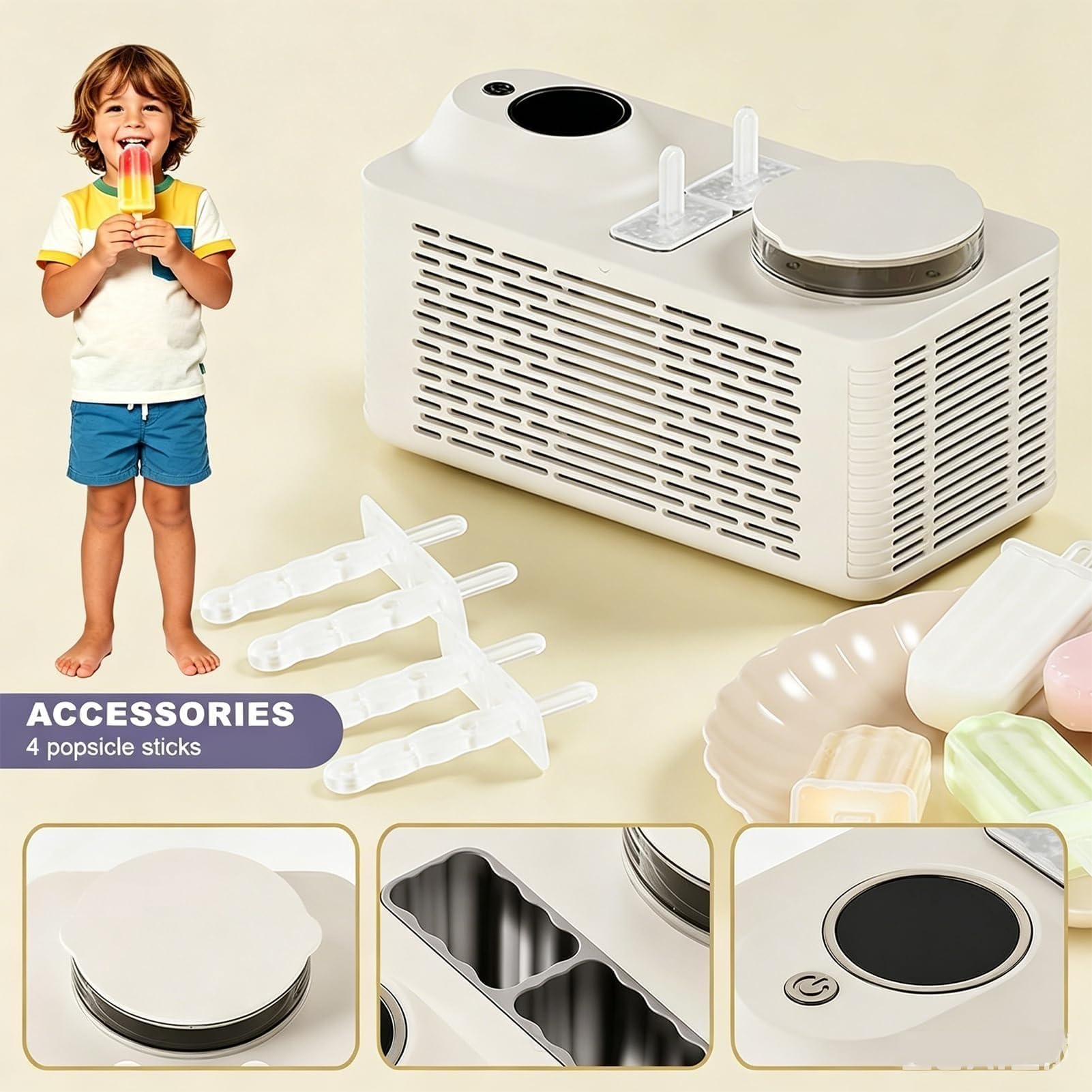 Mini-Eis Am Stiel-Maker, Tragbarer Eis Am Stiel-Maker For Die Arbeitsplatte, Macht 2 Eis Am Stiel In 25 Minuten, Wird Mit 4 Stäbchen Geliefert, Ausgestattet Mit 12-V-Auto-Netzkabe(White)
