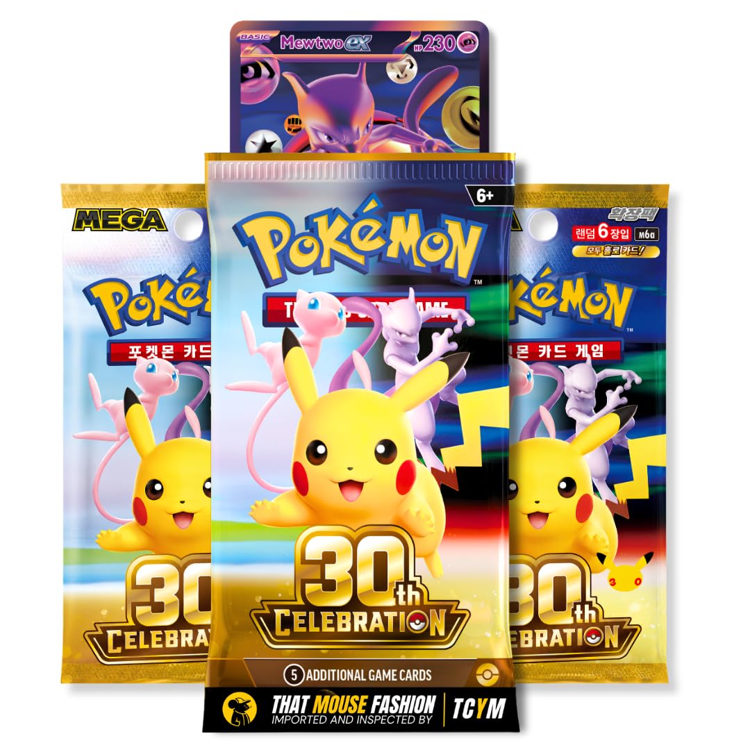English and Korean Pokemon 30th Celebration 3 Booster Packs | 1 English and 2 Korean Pokemon Cards Packs | Pokemon 30th Anniversary Booster Packs | 30 Pikachu Pokemon TCG | That Mouse Fashion