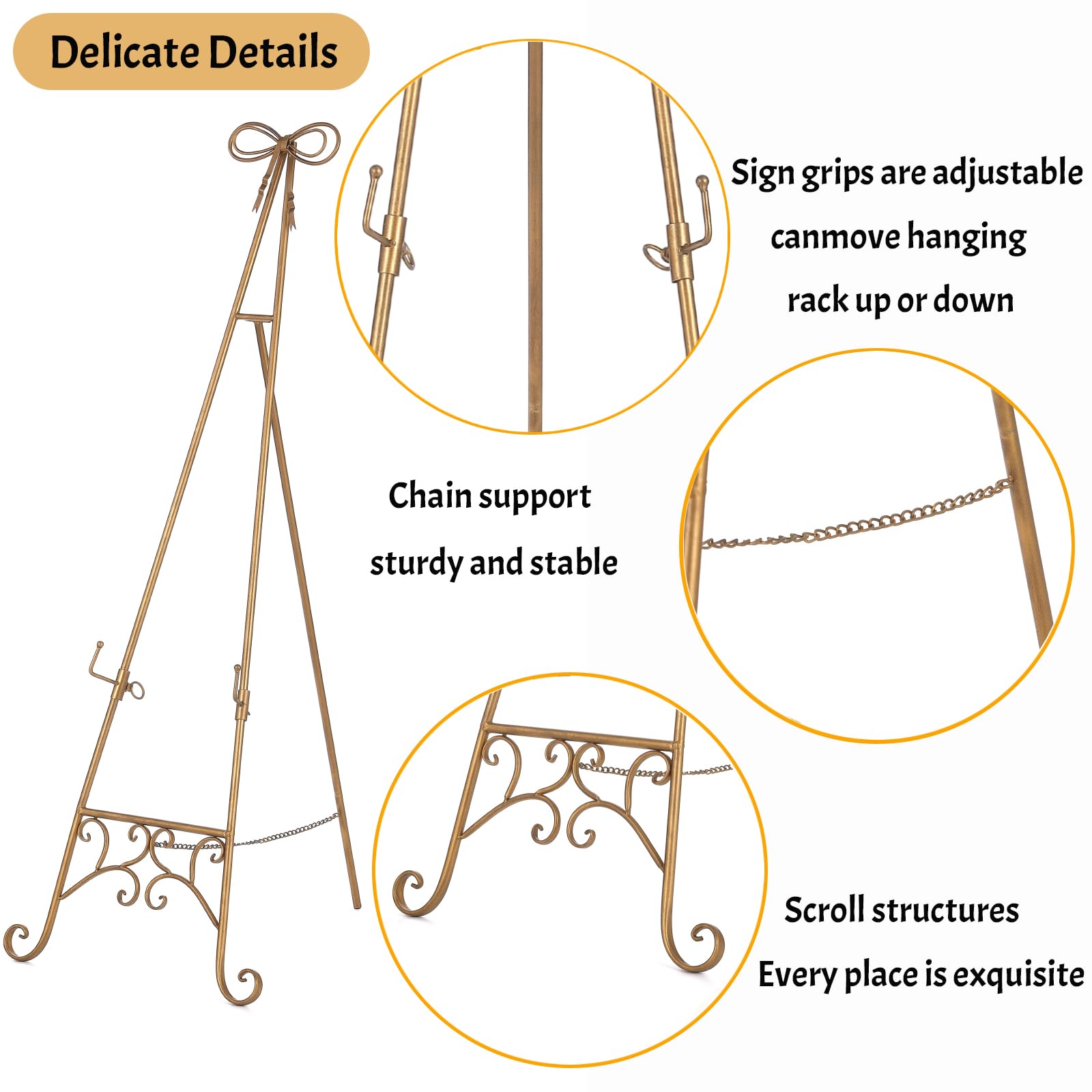 Caballete de exhibición ajustable de metal con soporte de cadena, soporte dorado para letrero con lazo, caballete resistente para espejo, cartel, boda, marco de fotos. (No requiere instalación)