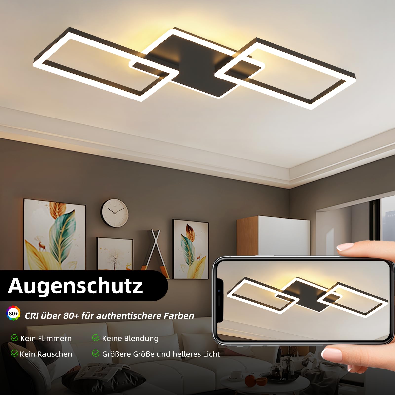 ZMH Lámpara LED para techo de salón - Lámpara grande negra para salón regulable con mando a distancia 63 W lámpara moderna para dormitorio lámpara metálica para cocina 80 cm para comedor, oficina