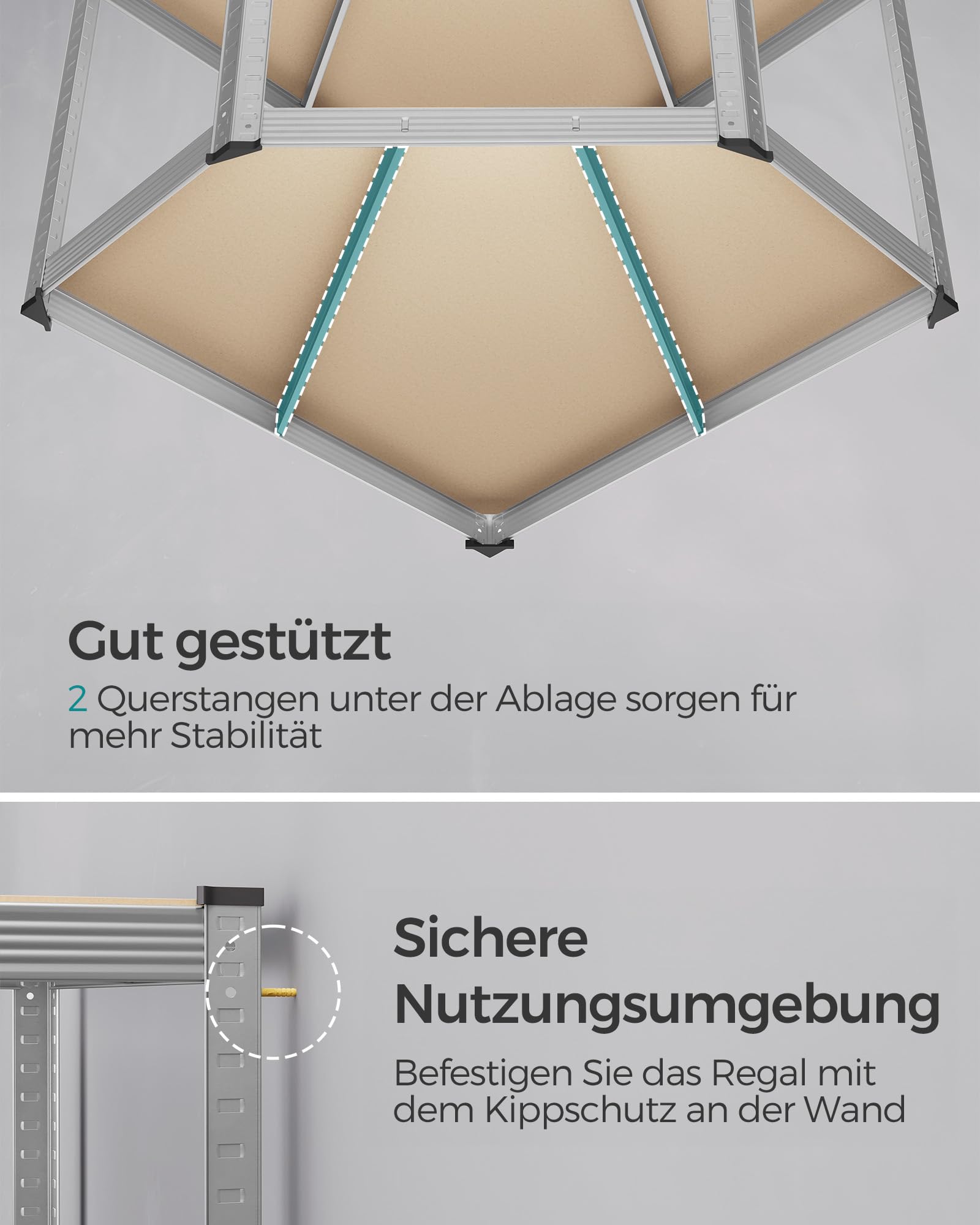 SONGMICS Eckregal-Set 5 Ebenen, Schwerlastregal, Metall, Lagerregal für Garage, Abstellraum, Kellerregal, bis 2625 kg belastbar, silbern-naturbeige GLR070E03