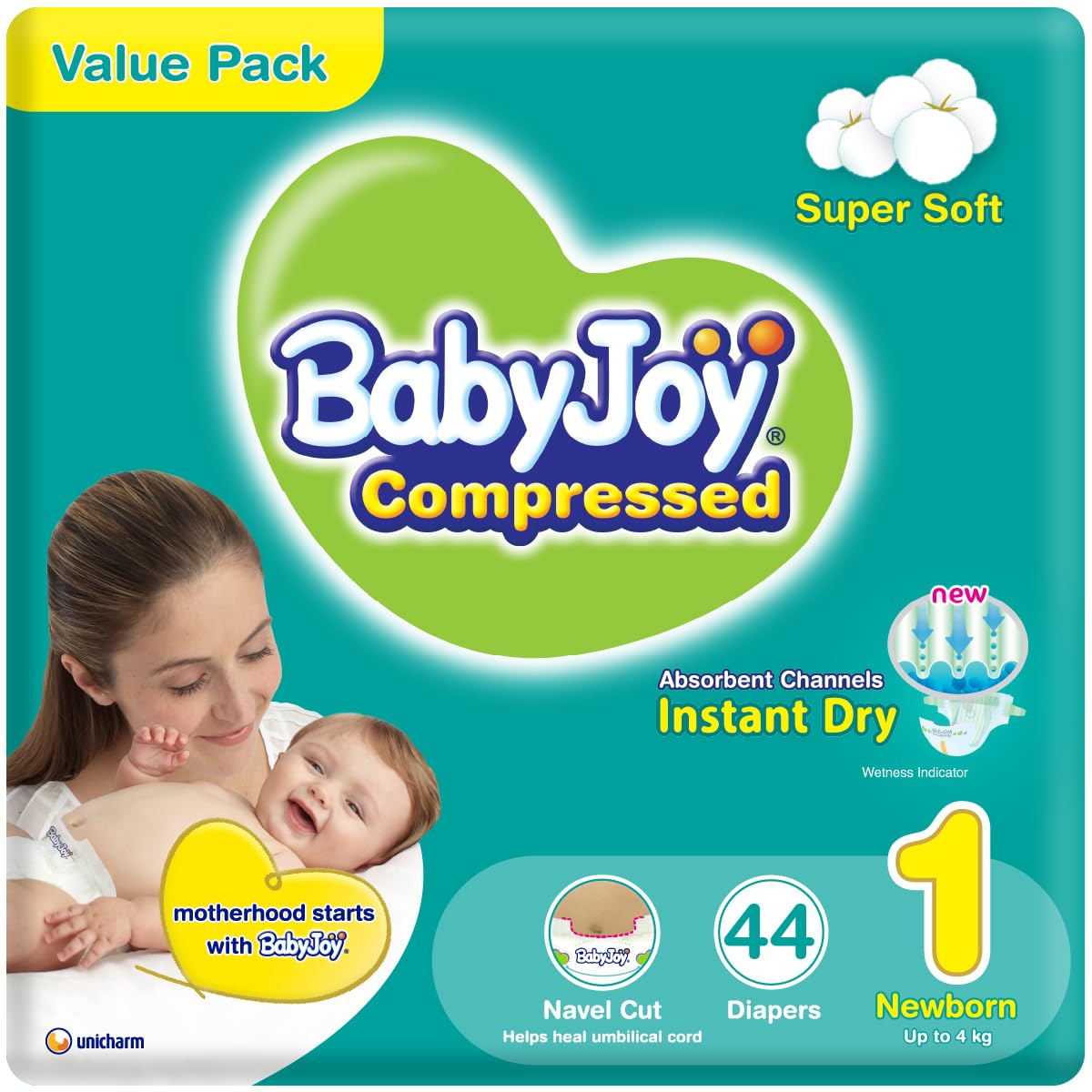 Babyjoy Compressed Diamond Pad, Size 1, Newborn, 0-4 Kg, Value Pack, 44 Diapers