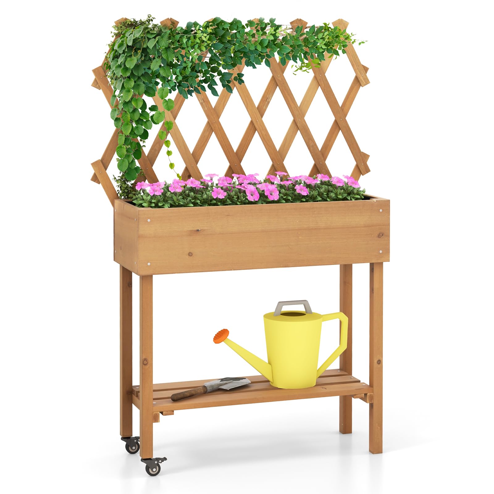 COSTWAY Huerto Urbano Elevado de Madera con Enrejado, Cama de Jardín Elevado Móvil con Ruedas Bloqueables, Forro de Tela, Jardinera de Plantas para Interiores y Exteriores, 90 x 29 x 129 cm