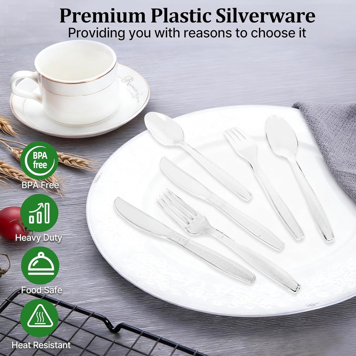 300 Count Extra Heavy Duty Plastic Silverware, 120 Spoons, 120 Forks, 60 Knives, BPA-Free & Heat Resistant Disposable Plastic Utensils Set, Clear Cutlery Set for Party and Daily Use - Image 3