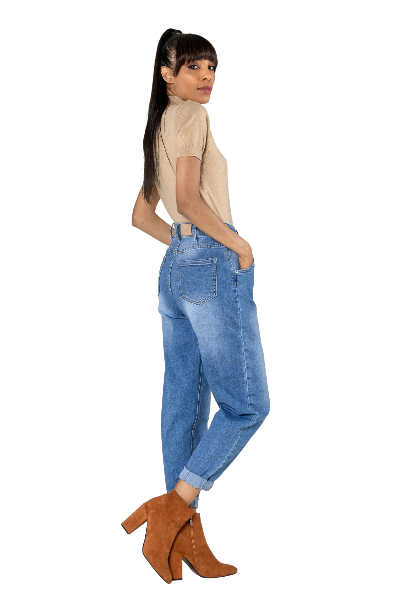 Nina Carter YY303 Pantalones vaqueros holgados de cintura alta para mujer, informales, de corte ancho, elásticos, aspecto desgastado