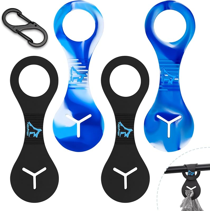 Porta-Saco para Fezes de Cães em Silicone para Guia, Coleira, Carrinho e Bicicleta PuppyDoggy, Preto e Azul Variado, Pacote com 4