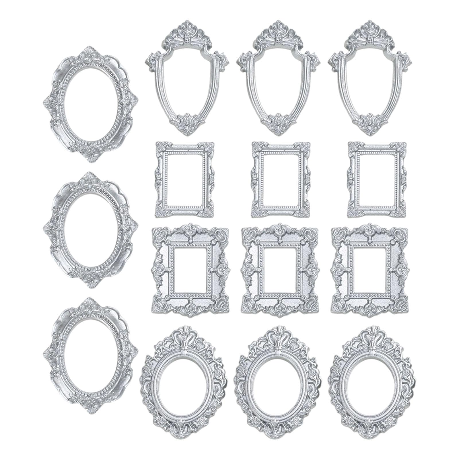 Buxuaaaa Silver Assorted 15Pcs Resin Miniature Photo Frame With Intricate Floral Carvings Ideal For Artistic Craft Creation Home Decors Resin Miniature Photo Frame Set
