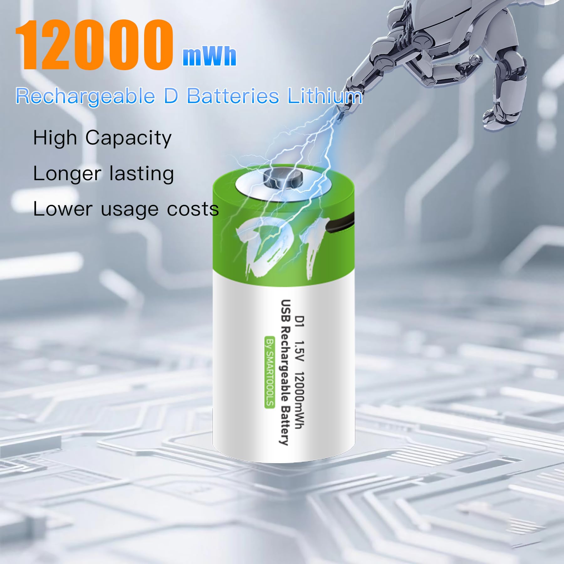 8 batterie D USB Type-C D agli ioni di litio ricaricabili, ad alta capacità, 1,5 V, 8000 mAh, 12000 mWh, batteria al litio ricaricabile, 3 ore di ricarica rapida, con cavo di ricarica
