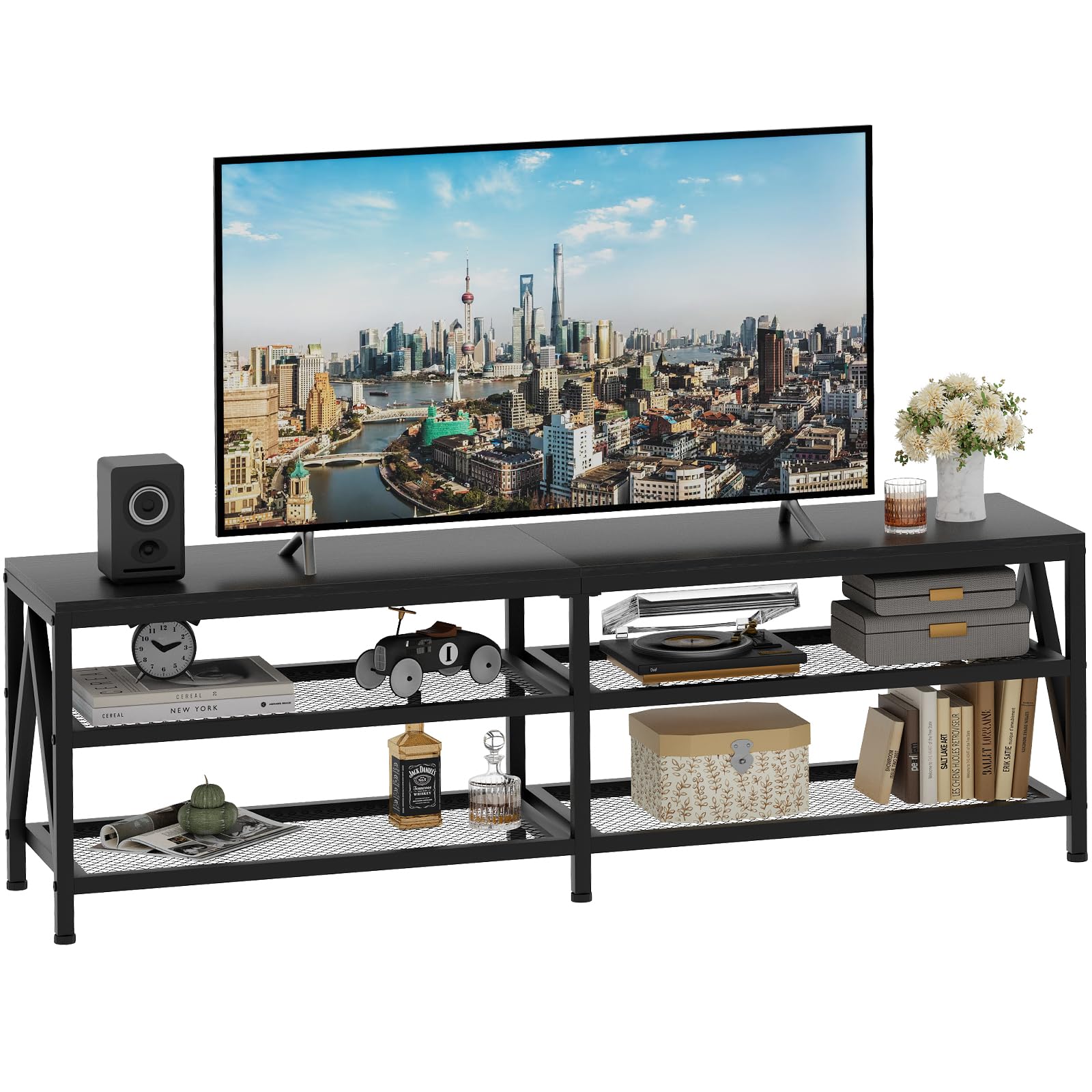 Katrawu TV Stand for TVs up to 70 Inch, 63" Long Industrial TV Console Table with 3-Tier Storage Shelves, Entertainment Center for Living Room,