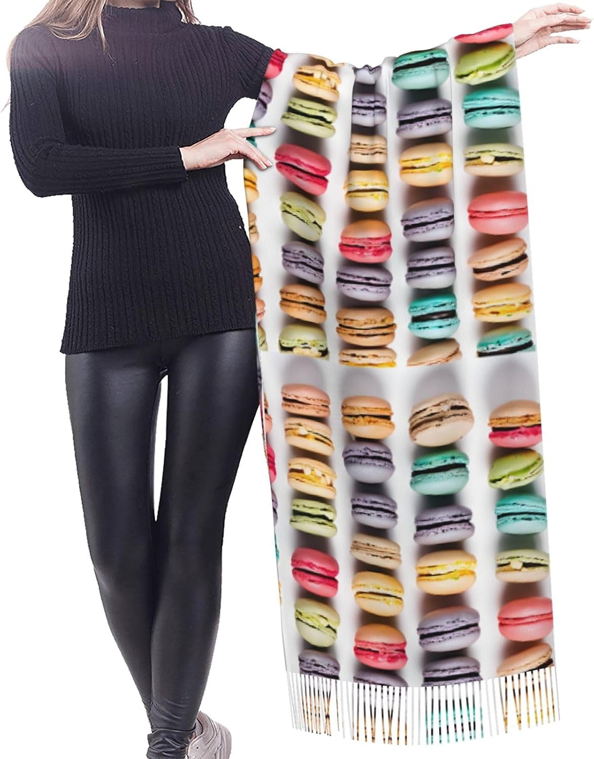 (Macaron Biscuit Flavored Pastries) Women's Soft Warm Scarf Large Plush Shawl Wrap with Fringe Fashion Winter Scarves for Cold Weather