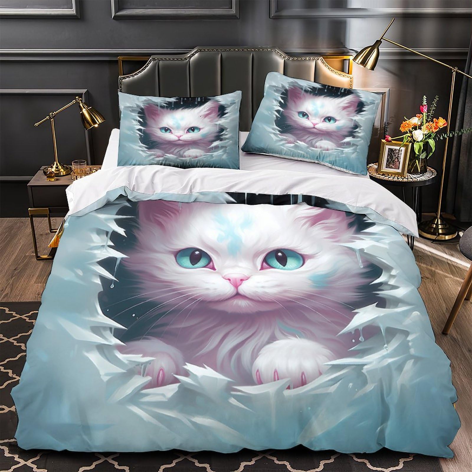 Housse de couette chaton mignon hypoallergique et parure de lit zippée 3D
