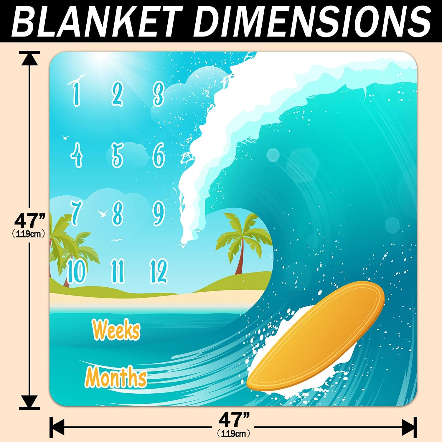 Baby Monthly Milestone Blanket, Sea Surfboard Waves, Newborns 1 to 12 Months Unisex Include 4 Frames and 1 Headband 47"x47"BTLSPH495