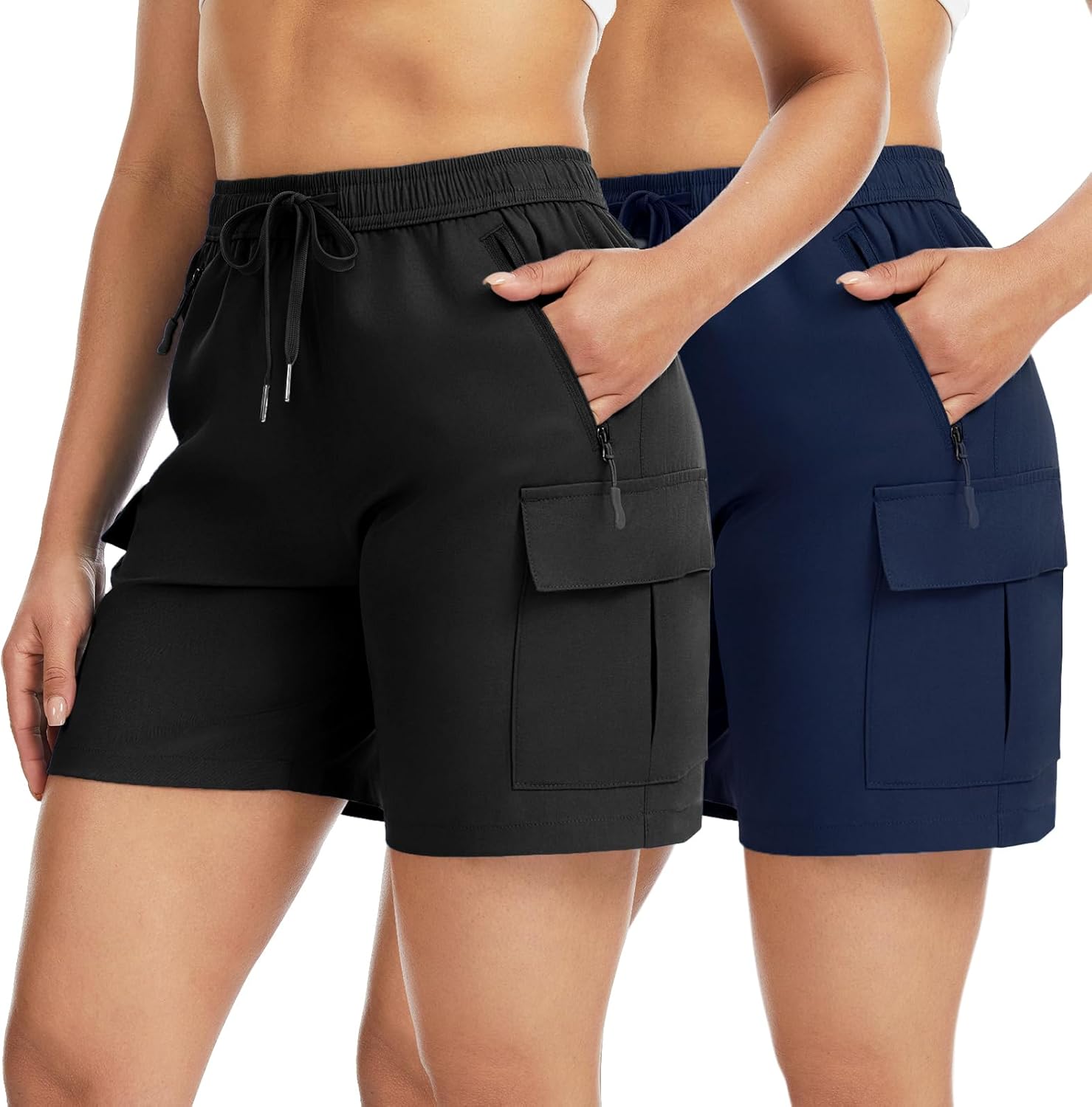Star Vibe 2 Pack Women's Hiking Cargo Shorts Quick Dry Lightweight Summer Casual Golf Athletic Shorts with Zipper Pockets