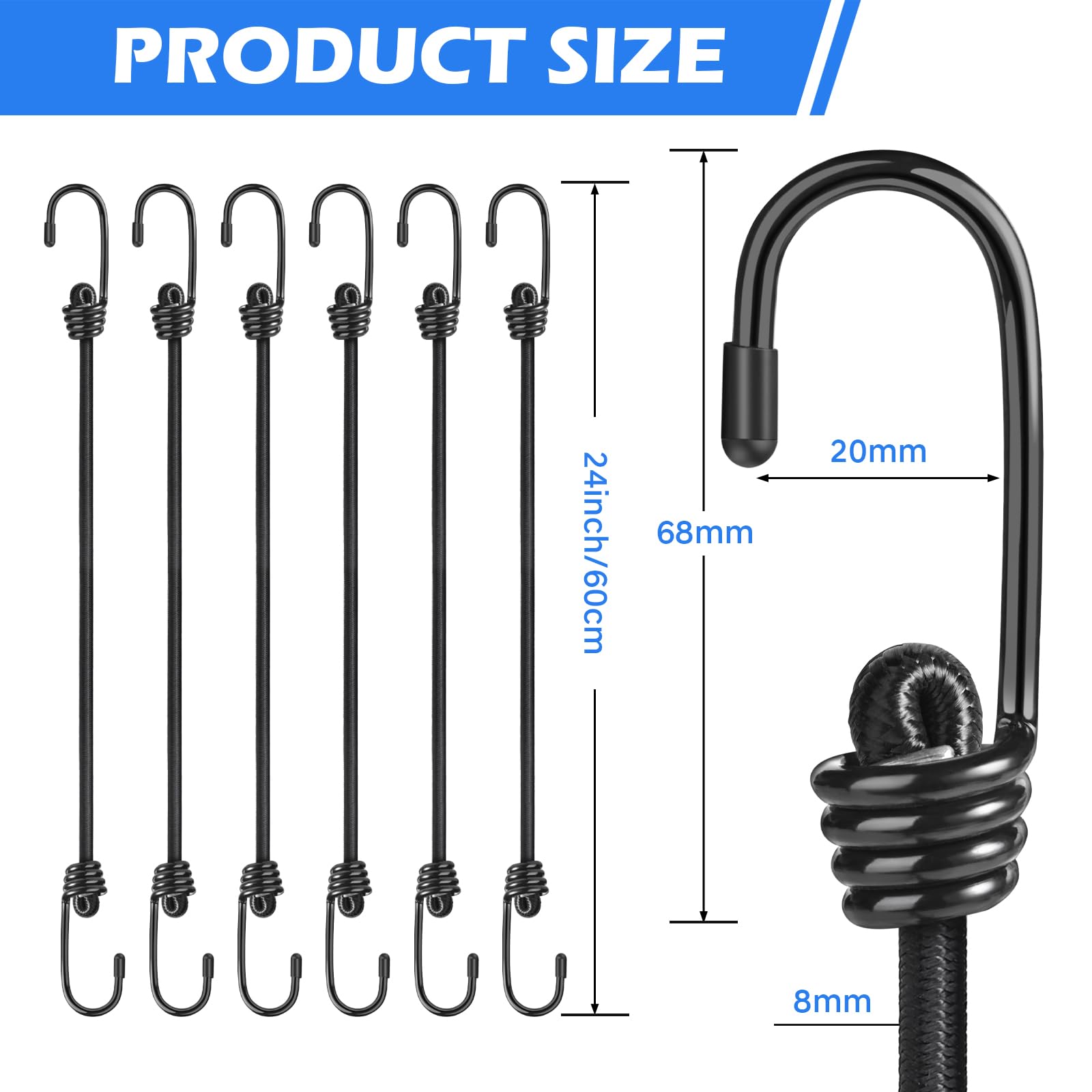 Kshineni 24 inch Bungee Cords with Hooks, 6 Pcs Heavy Duty Outdoor Elastic Bungee Straps for Luggage, Camping, Tarps, Bike Rack, Kayaking?Black?