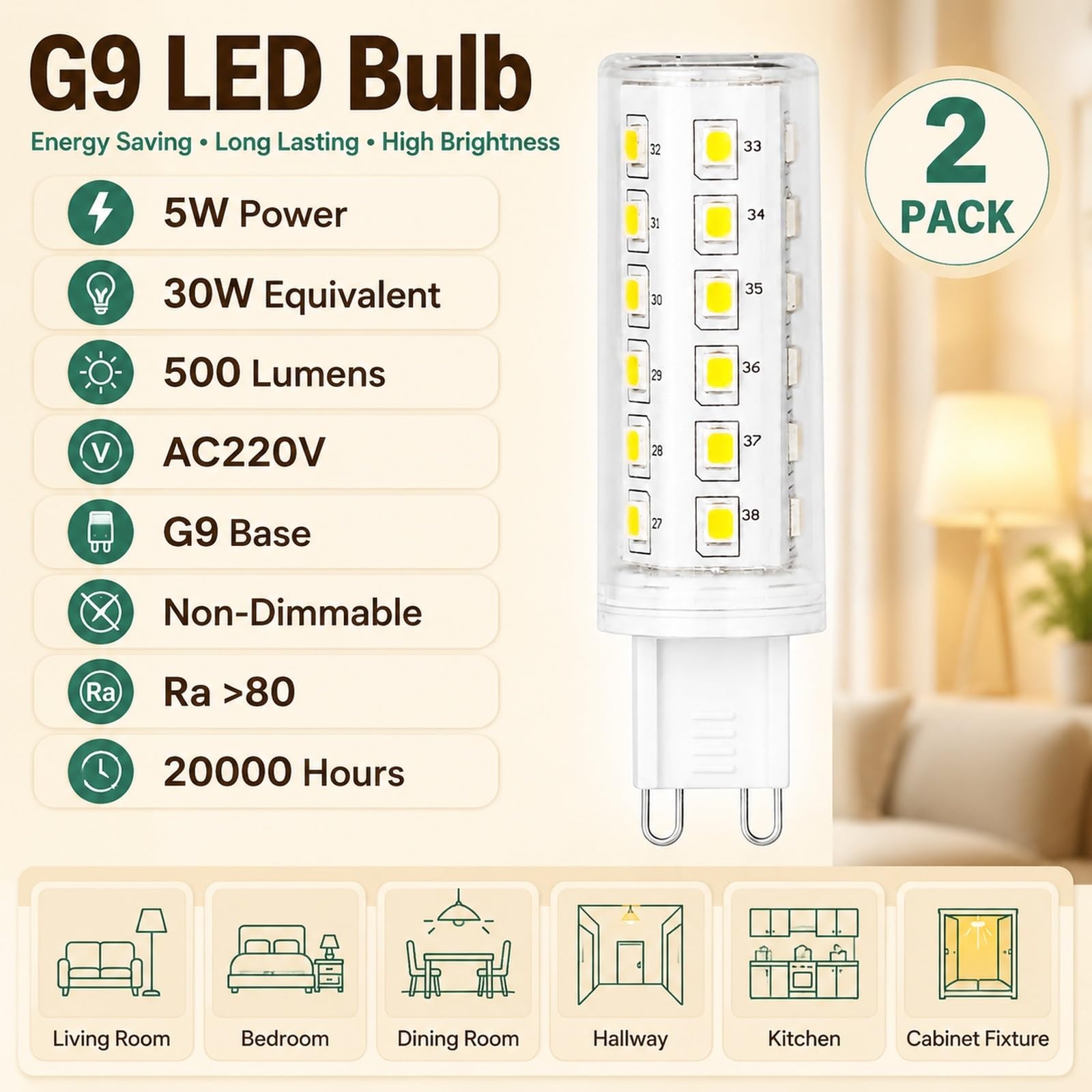 Bombilla LED G9 Luz Cálida 3000K, 5W=40W, Sin Parpadeo, Ahorro Energía, CRI≥80, Larga Vida, Para Araña, Aplique, Pasillo, Iluminación Interior, No Regulable(6 Pack)