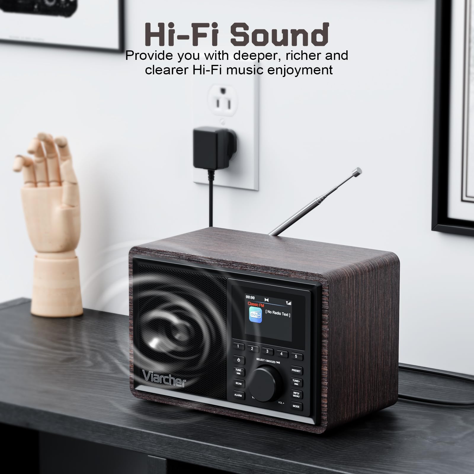 DAB/DAB+ & FM Digitalradio mit Bluetooth, Küchenradio mit Dual-Weckfunktion, Schlaf-Timer, 60 Sendern, AUX, Farbdisplay, Nussbaum-Optik