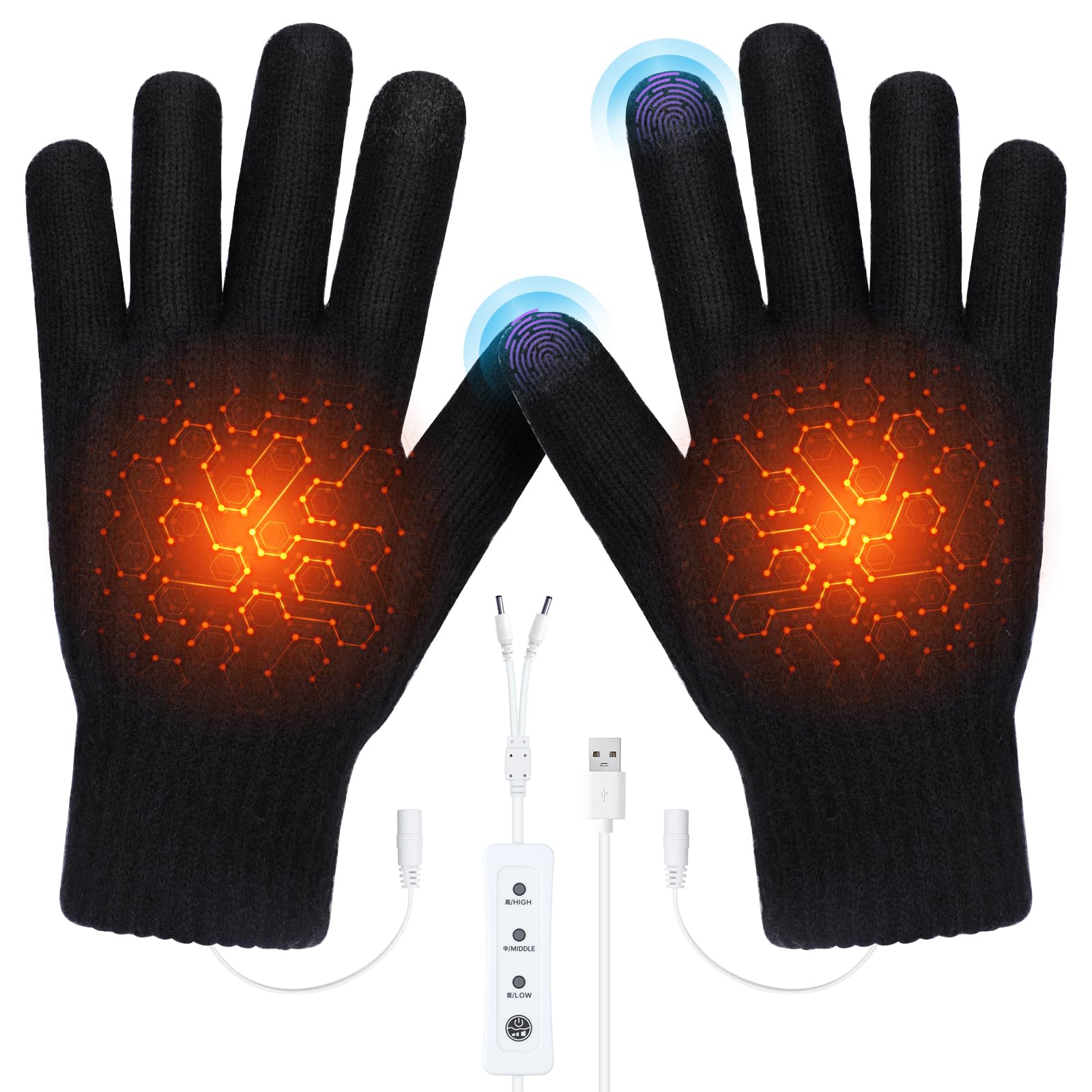Guantes Calefactables USB para Pantalla Táctil 3 Temperaturas Felpa Gruesa Trabajo Frío Esquí Senderismo Regalo