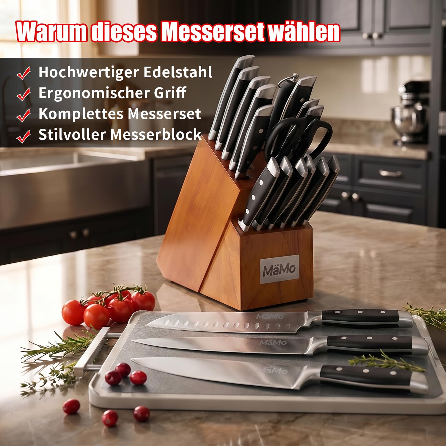 Set di 19 coltelli con ceppo e tagliere in titanio, set di coltelli da cucina professionali in acciaio inox con coltello da cuoco, coltello Santoku, 6 coltelli da bistecca, acciaio affilato, forbici