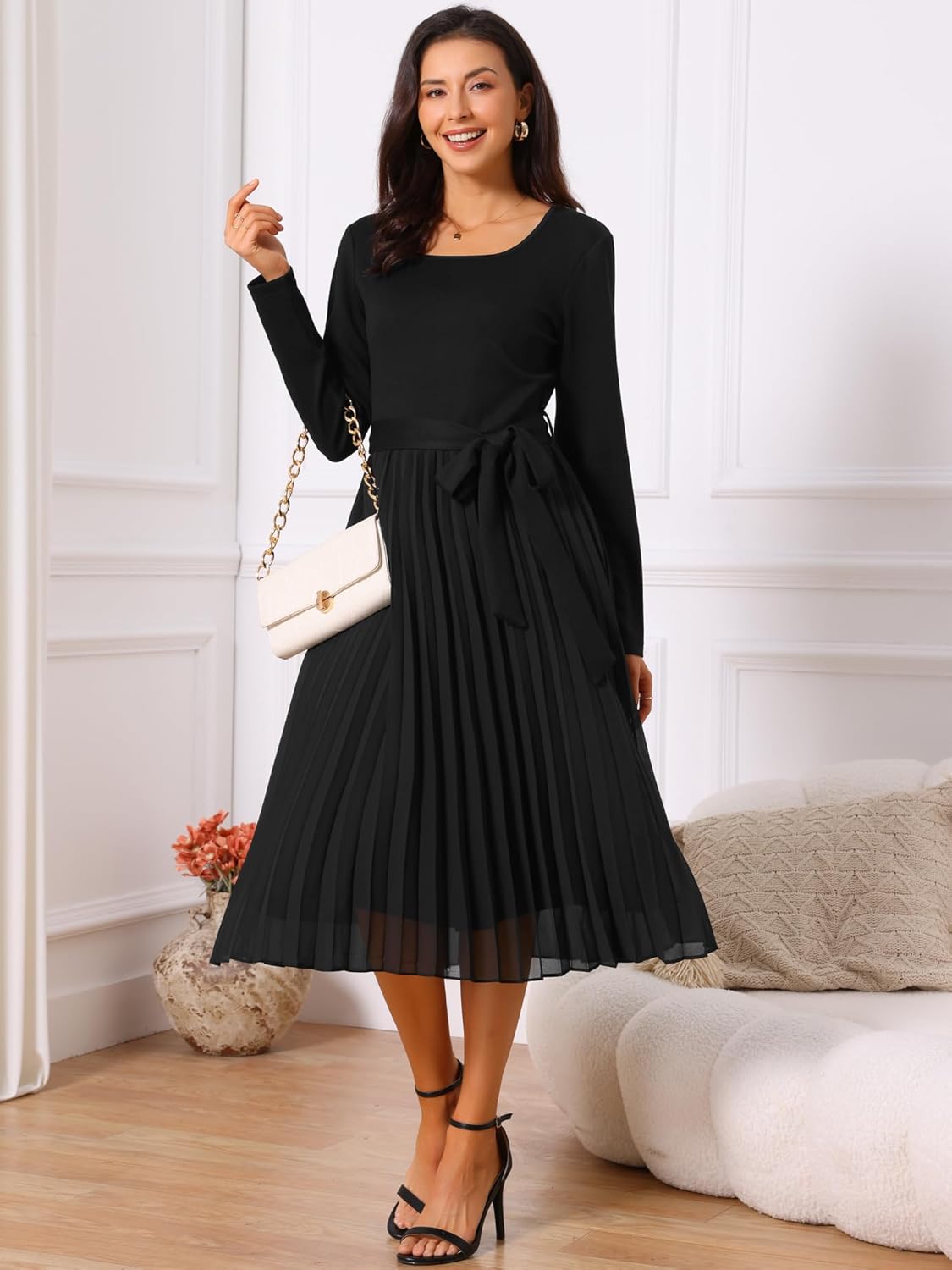 Seta T Women's Pleated Dress Crewneck A Line Flowy Casual Long Sleeve Midi Dresses with Belt Fall Outfits
