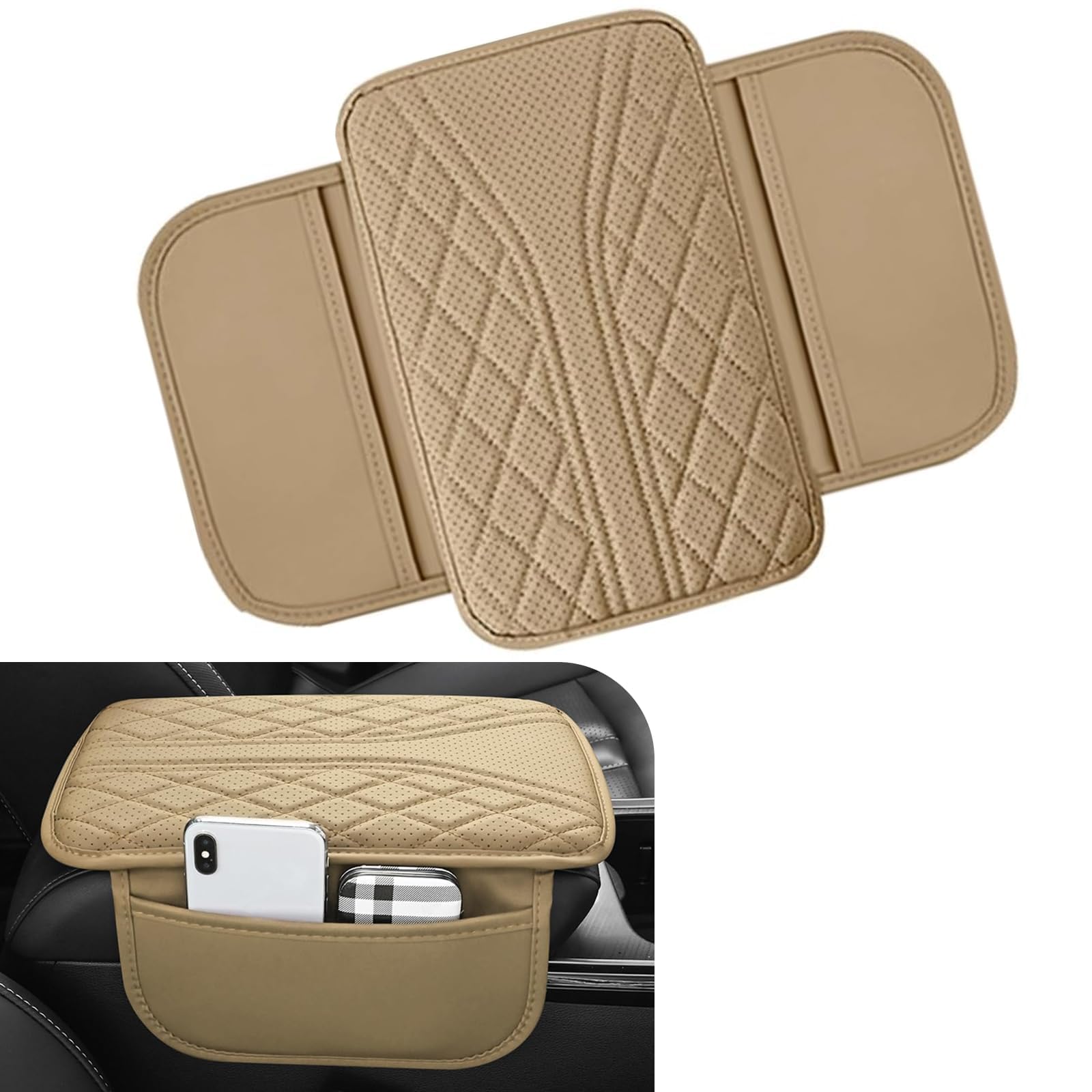 EXCTLOE Car Armrest Organizer for Vauxhall Corsa II 2010-2017 with Storage Pocket, Centre Console Cover, Phone, Wallet and Essentials Holder,Beige