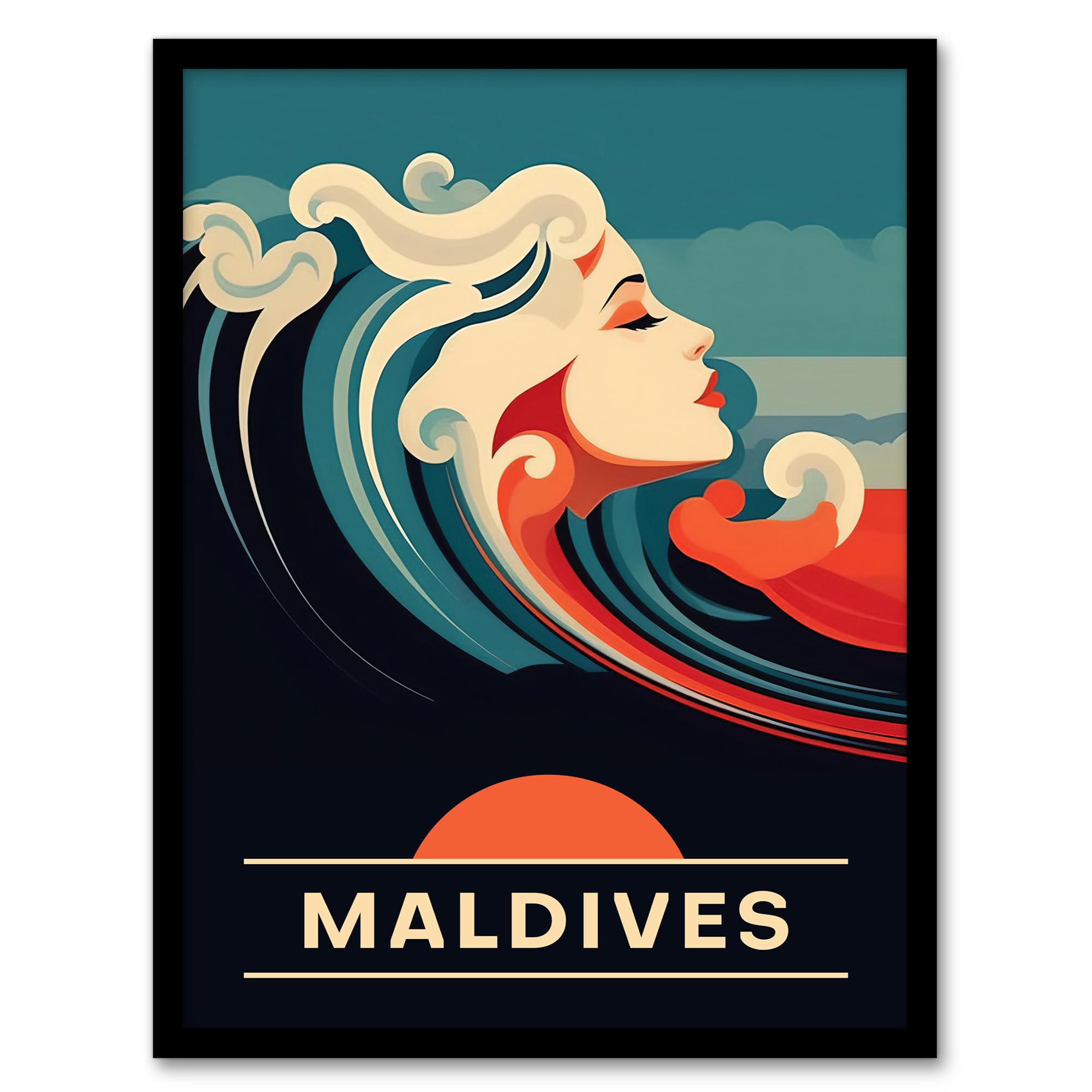 Artery8 The Seaside Calls Maldives Beach Sunset Woman of the Waves Sea Siren Ocean Artwork Framed Wall Art Print 18X24 Inch