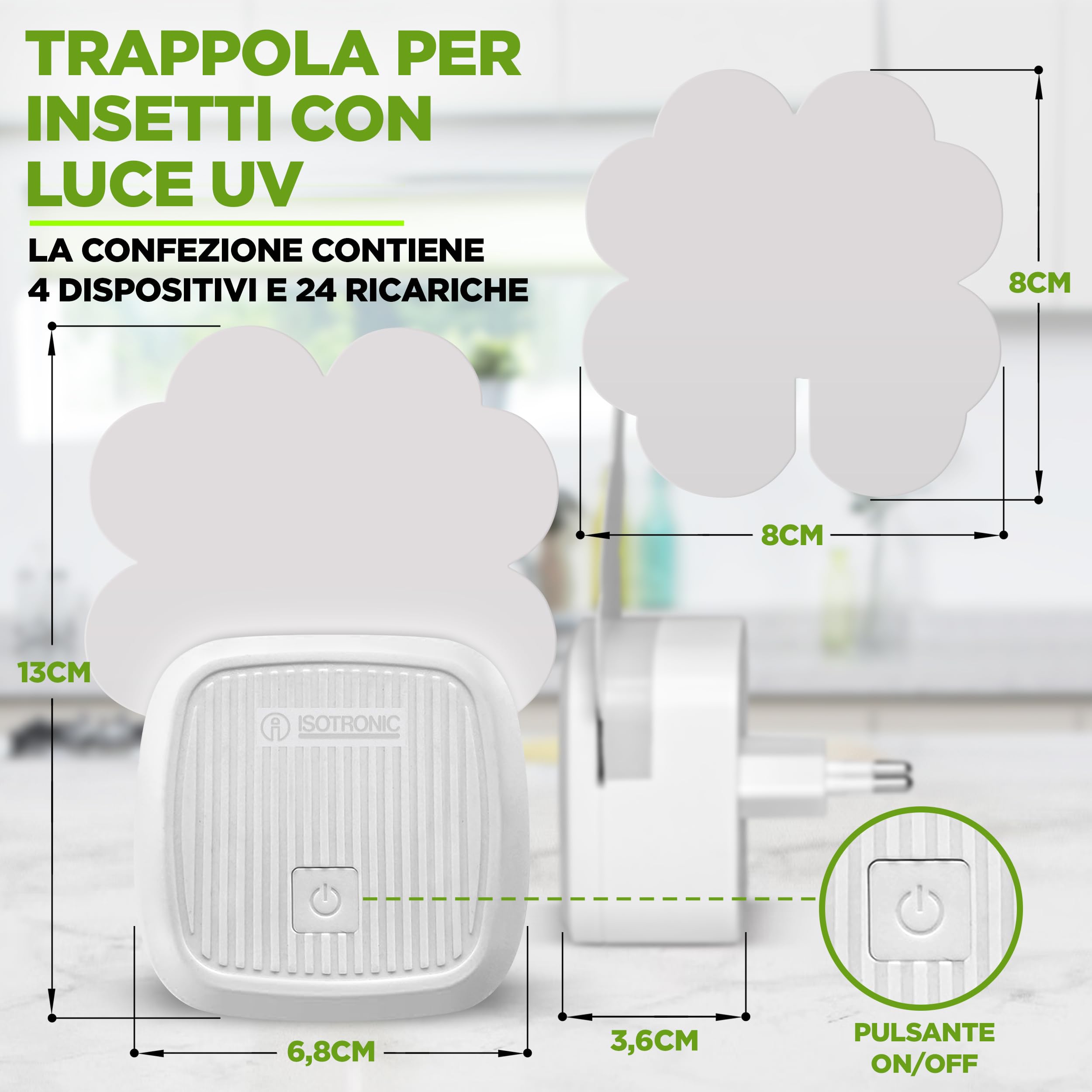 ISOTRONIC antizanzare presa elettrica mosche falene protezione luce UV pellicole adesive silenzioso interno trappola raggio 20m² 4 pezzo efficace casa camera difesa senza veleno stop insetti volo