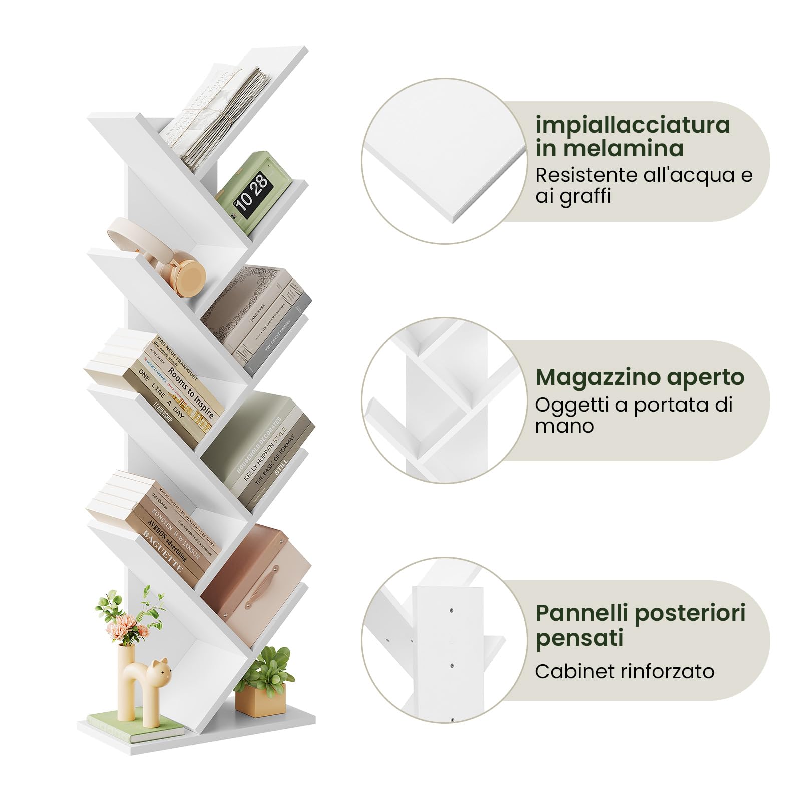 EUGAD Libreria ad Albero Moderna Scaffale Salvaspazio a 9 Ripiani in Legno Porta Libri per Soggiorno Camera Studio Bianco, 40x20x127cm