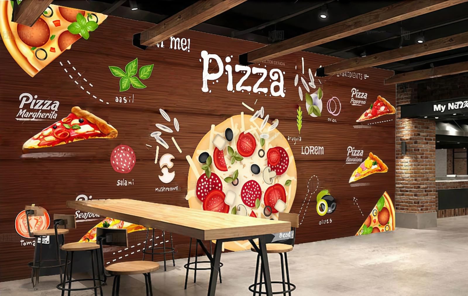 XDOUBAO Wallpaper Nostalgic Wooden Board Hand-Painted Delicious Pizza Shop Snacks Afternoon Tea Coffee Shop Background Mural Western Restaurant Wallpaper,3D,200x140cm
