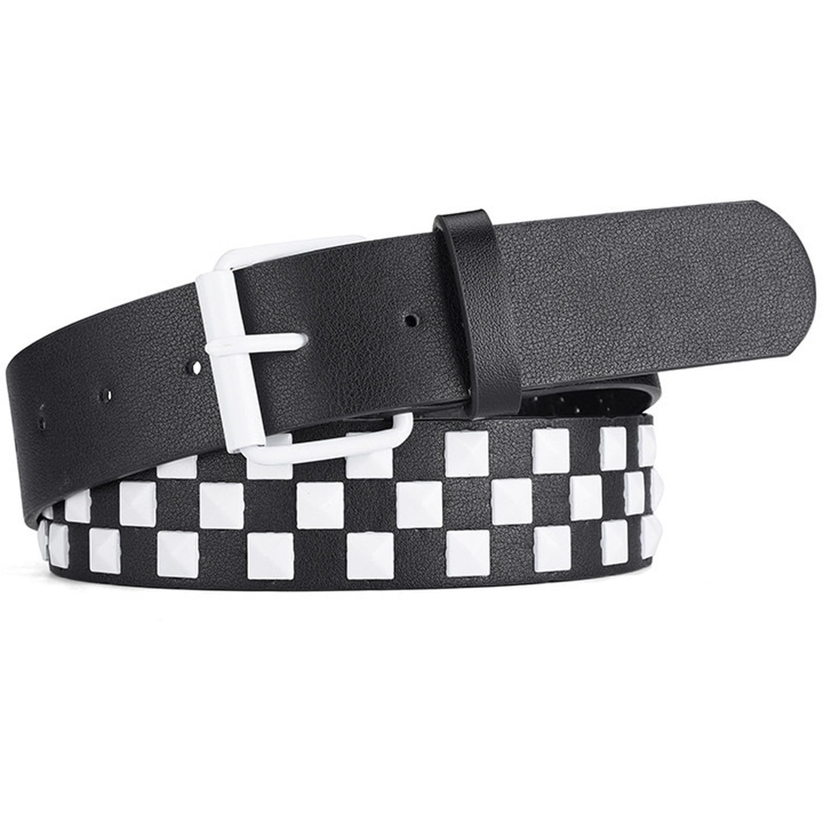 AGUTALITHIC Studded Belts, Punk Rock Goth PU-Leather Strap with Bright Pyramid Square Rivets & Roller Metal Buckle for Women(110cm/43, White)