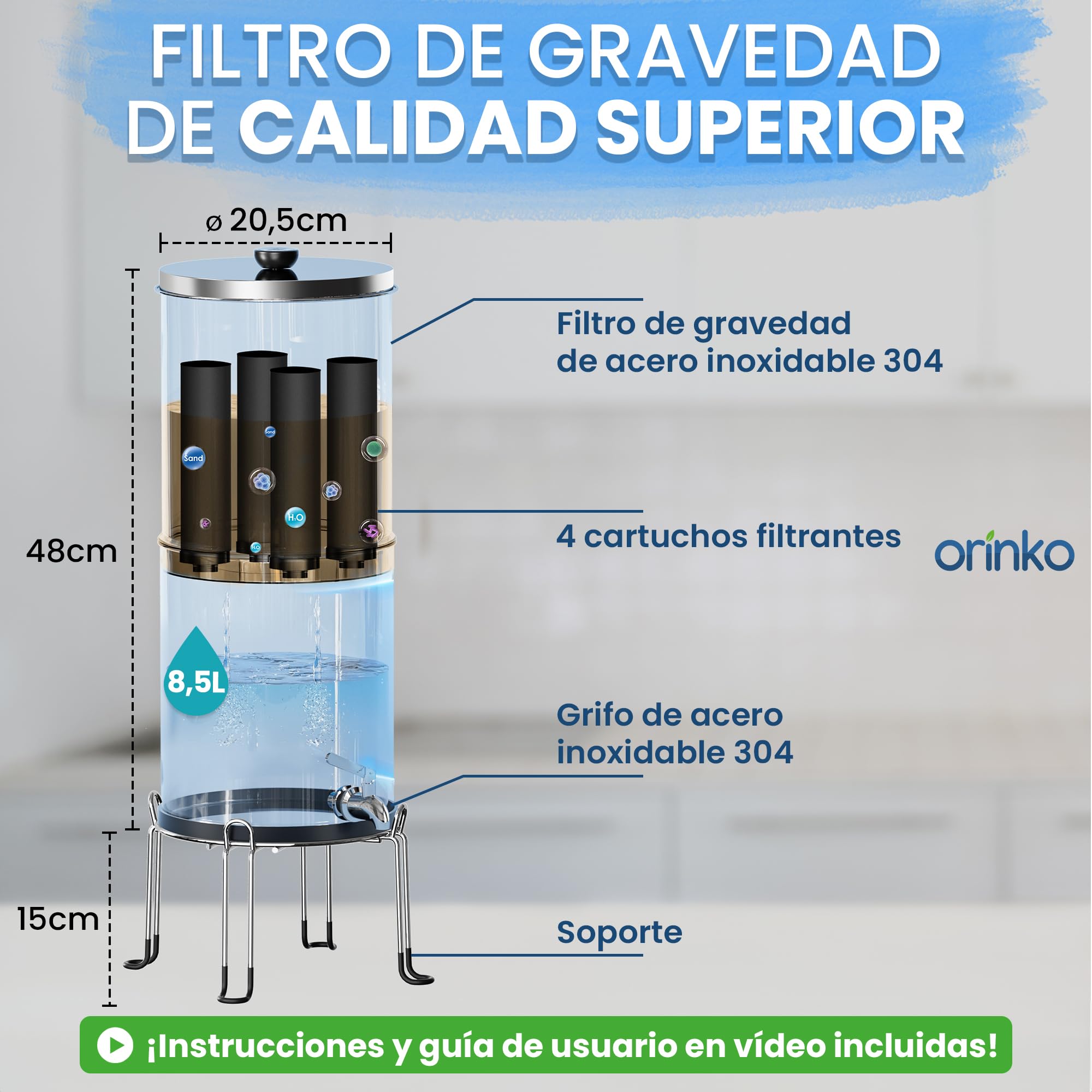 ORINKO Filtro de agua por gravedad 8,5 l con 4 cartuchos, purificador de agua con carbón activado, fuente filtrante para agua del grifo, agua de lluvia y más, filtración avanzada