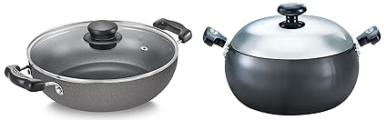 Prestige Aluminium Omega Select Plus IB Non-Stick Kadai with Glass Lid, 240 mm, Multicolour, Medium & Hard Anodised Cookware Lifetime Induction Base Sauce Pan, 200mm, Black