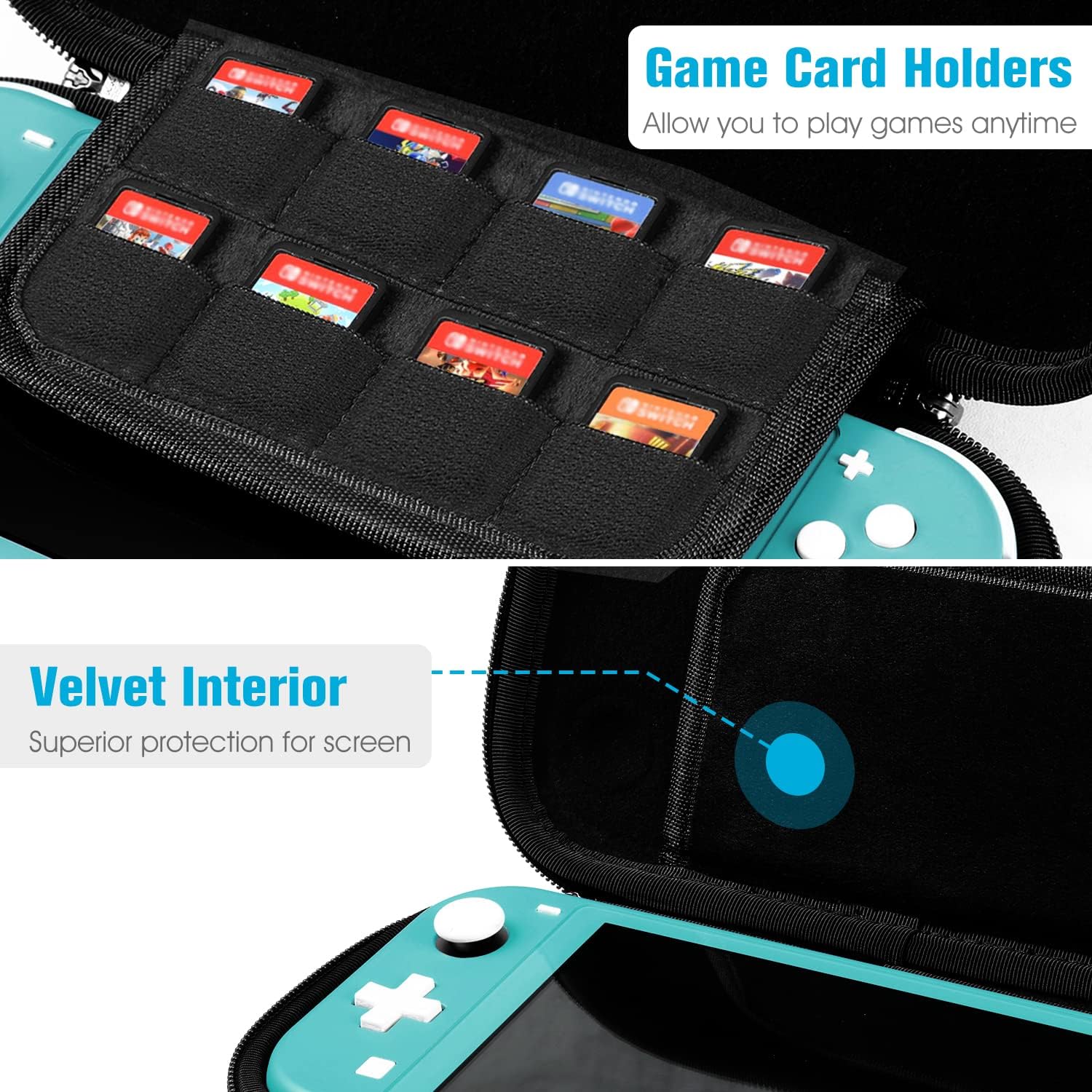 Fintie Slim Carrying Case for Nintendo Switch Lite 2019, Shockproof Protective Portable Carrying Cases, [Slim Fit] Travel Storage Hard Shell w/8 Game Cartridges & Adjustable Hand Strap, Turquoise