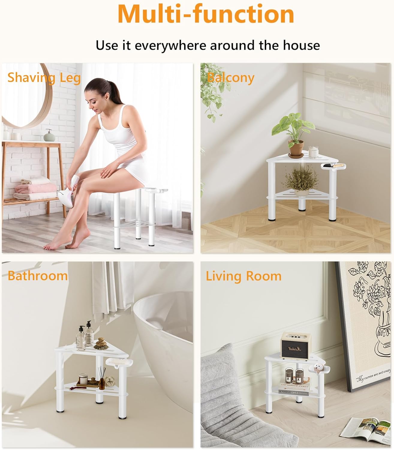 Metal Corner Shower Stool for Bathroom with Soap Box, Waterproof & Rustproof, Double Layer Inside Shower Rest Bench for Shaving Legs, Bathroom Stool, Spa Foot Step, Small Step Stools (White)