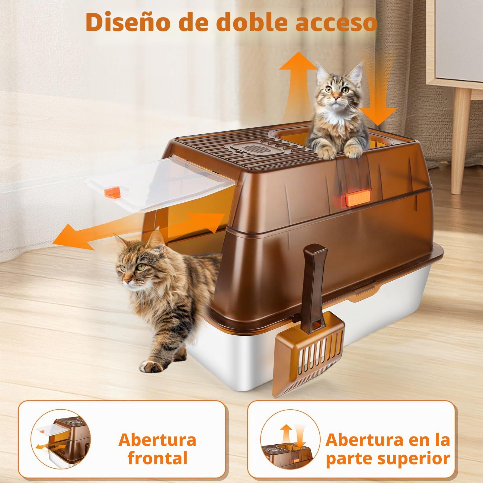 Caja de arena cerrada de acero inoxidable para gatos con tapa, caja de arena extra grande para gatos grandes, bandeja de arena de metal con lados altos con cuchara, control de olores