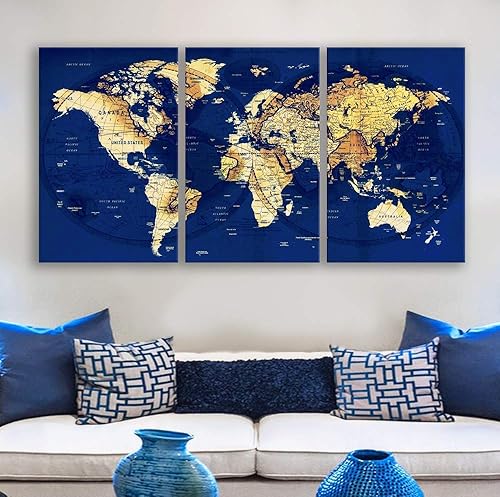 Original by BoxColors LARGE 30"x 60" 3 panels 30x20 Ea Art Canvas Print old Map World Push Pin Travel Wall home office decor (framed 1.5" depth)