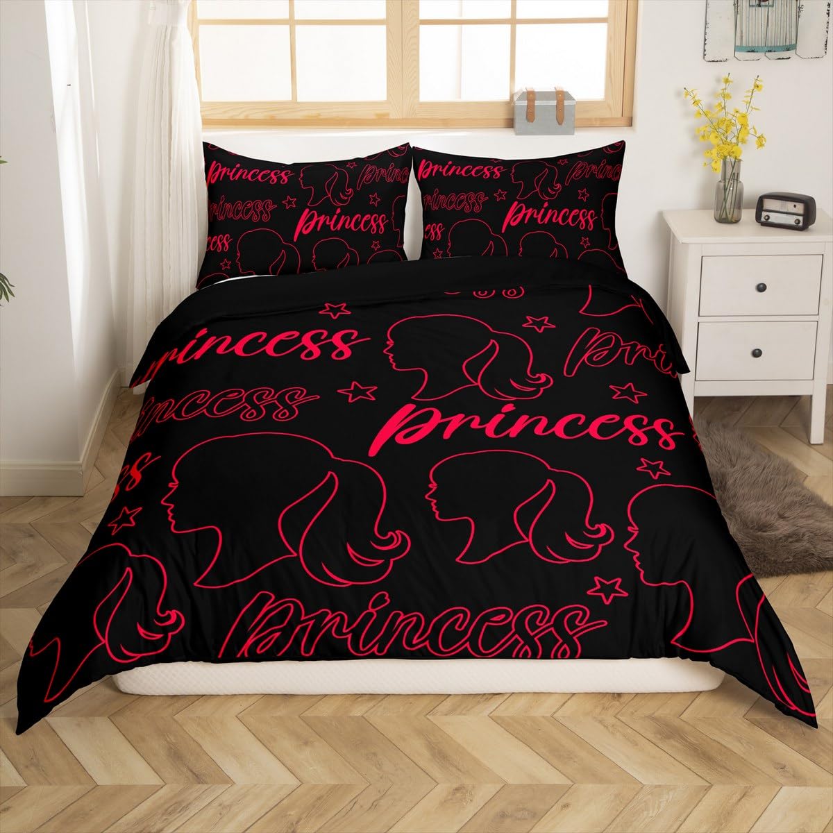 Princess Duvet Cover King Size,Cute Girl Red Graffiti Cartoon Geometric Stars Comforter Cover for Teens Youth,Women Girl Silhouette Dreamy Girly Bedroom Decor Super Soft Bedding,Not Comforter