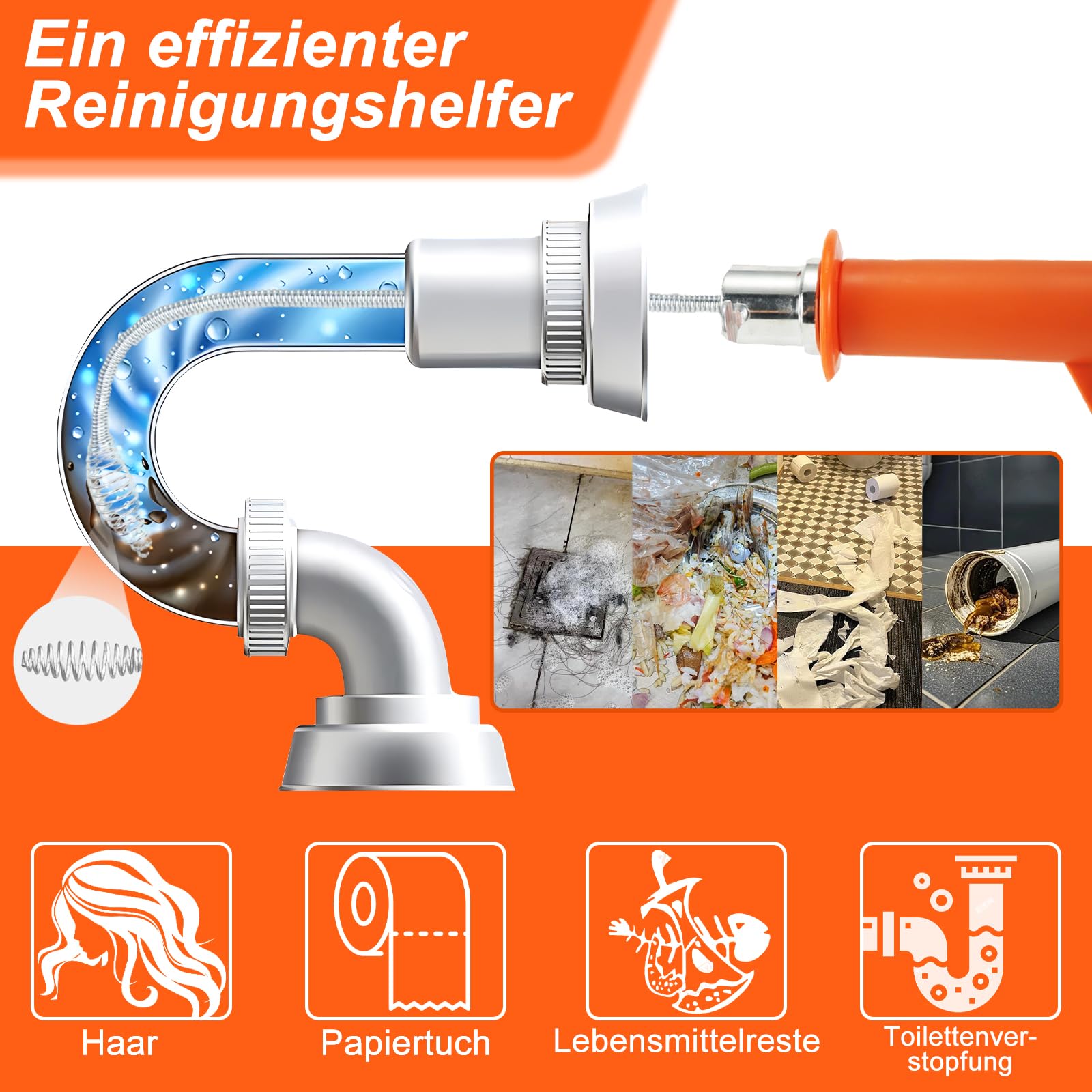 Rohrreinigungsspirale 13M, Abflussreiniger Spirale für Rohrreinigung, Wiederverwendbar Abflussspirale Rohrspirale mit Wasserdichte Handschuhe,Kann an eine elektrische Bohrmaschine angeschlossen werden